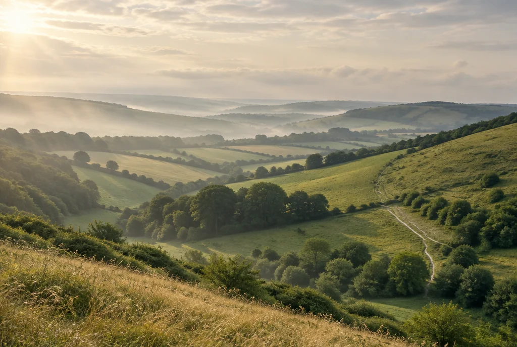 Rolling green hills and winding paths inspired by the Sussex South Downs